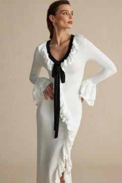 Ruffled V-Neck Long Sleeve Maxi Dress
