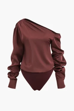 Satin Asymmetrical Long Sleeve Ruched Bodysuit