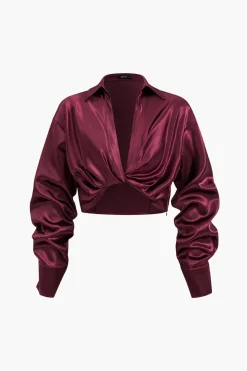 Satin Button Twist Knot Long-Sleeve Shirt