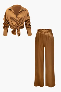Satin Button Up Long Sleeve Shirt And Pants Set