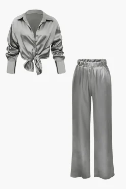 Satin Button Up Long Sleeve Shirt And Pants Set