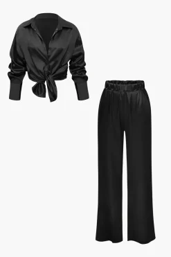 Satin Button Up Long Sleeve Shirt And Pants Set