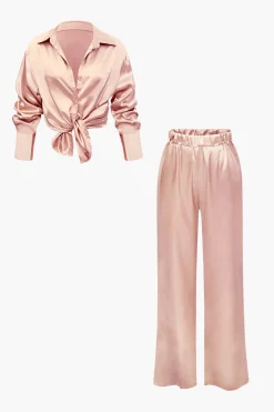 Satin Button Up Long Sleeve Shirt And Pants Set