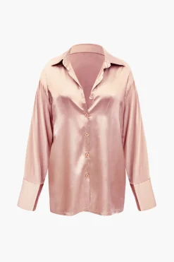 Satin Button Up Long Sleeve Shirt And Pants Set
