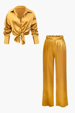 Satin Button Up Long Sleeve Shirt And Pants Set