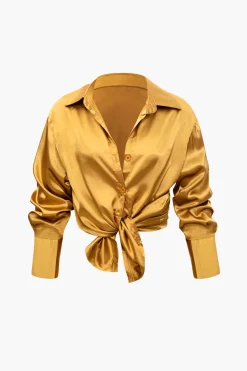 Satin Button Up Long Sleeve Shirt And Pants Set