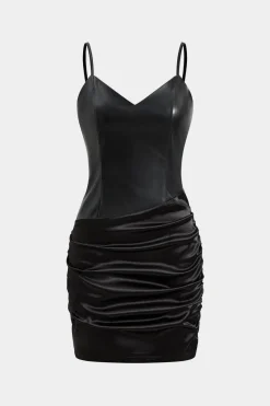 Satin Faux Leather Patchwork Ruched Slip Mini Dress