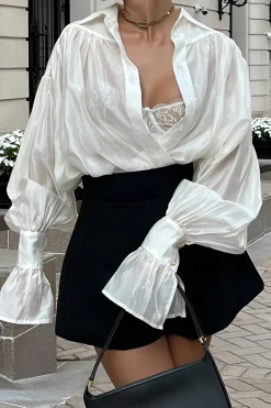Satin Lantern Sleeve Long-Sleeve Shirt