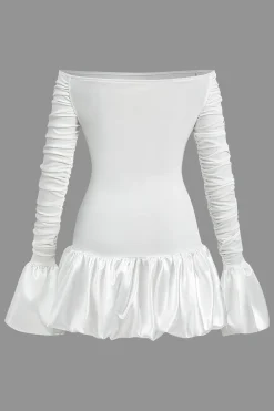 Satin Off Shoulder Puff Sleeve Patchwork Ruched Mini Dress