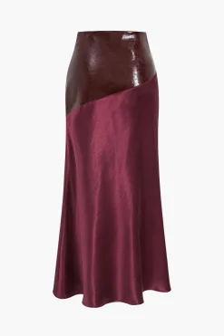 Satin Patchwork Faux Leather Asymmetrical Skirt