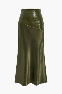 Satin Patchwork Faux Leather Asymmetrical Skirt