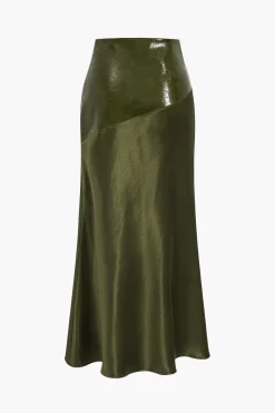 Satin Patchwork Faux Leather Asymmetrical Skirt