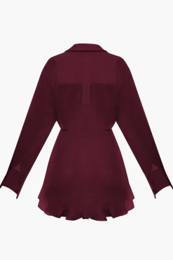 Satin Tie Front Ruffle Long Sleeve Mini Dress