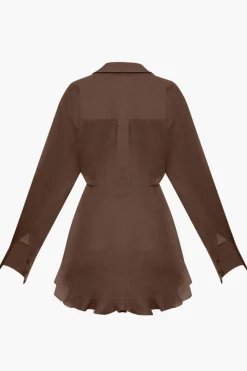 Satin Tie Front Ruffle Long Sleeve Mini Dress