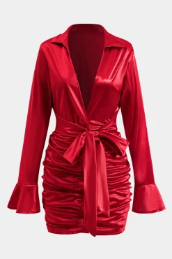 Satin Tie-Up Ruched Long Sleeve Mini Dress