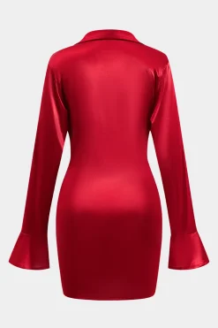 Satin Tie-Up Ruched Long Sleeve Mini Dress