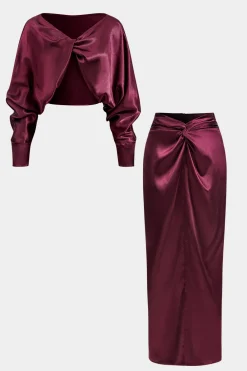 Satin Twist Knot Long Sleeve Top And Skirt Set
