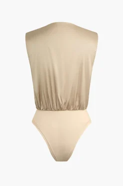 Satin V-neck Ruched Panelled Sleeveless Bodysuit