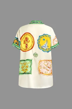 Scarf Print Tie-Front Shirt And Drawstring Shorts Set