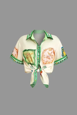 Scarf Print Tie-Front Shirt And Drawstring Shorts Set