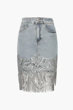 Sequin Fringe Hem Denim Skirt