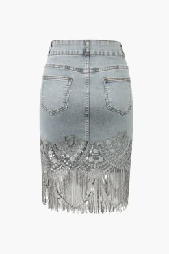 Sequin Fringe Hem Denim Skirt