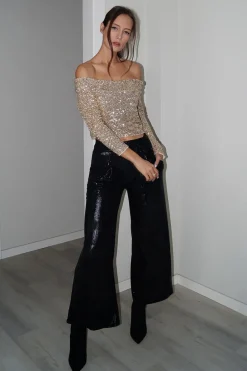 Sequin High Waisted Wide Leg Trousers