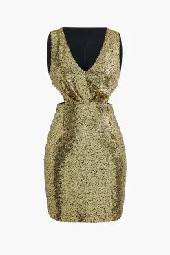Sequin V-neck Sleeveless Cut Out Mini Dress