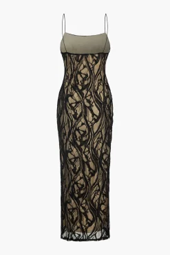 Sheer Lace Embroidered Slip Maxi Dress