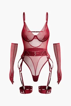 Sheer Mesh Belted Backless Bodysuit With Glove