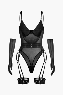 Sheer Mesh Belted Backless Bodysuit With Glove