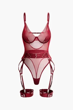 Sheer Mesh Belted Backless Bodysuit With Glove