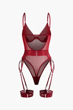 Sheer Mesh Belted Backless Bodysuit With Glove