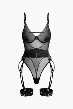 Sheer Mesh Belted Backless Bodysuit With Glove
