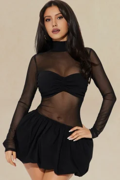 Sheer Mesh Patchwork Long Sleeve Mini Dress