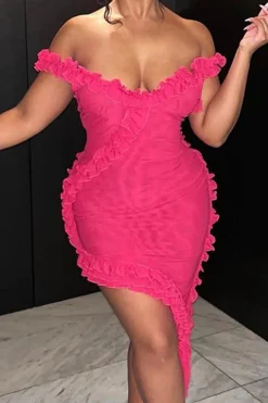 Sheer Mesh Ruffle Trim Asymmetrical Cross Backless Mini Dress