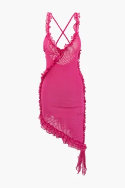 Sheer Mesh Ruffle Trim Asymmetrical Cross Backless Mini Dress