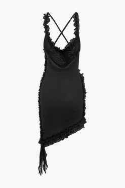 Sheer Mesh Ruffle Trim Asymmetrical Cross Backless Mini Dress