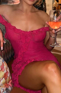Sheer Mesh Ruffle Trim Asymmetrical Cross Backless Mini Dress