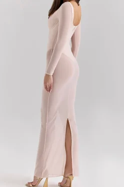 Sheer Mesh Square Neck Long Sleeve Maxi Dress