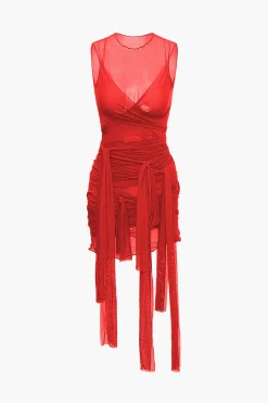 Sheer Mesh Wrap Tie Ribbon Mini Dress