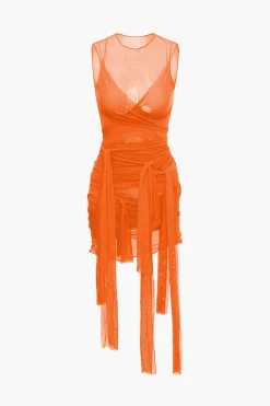 Sheer Mesh Wrap Tie Ribbon Mini Dress