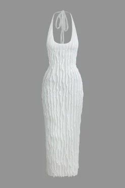 Sheer Ruffle Texture Halter Backless Maxi Dress
