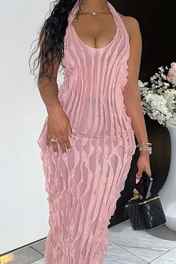Sheer Ruffle Texture Halter Backless Maxi Dress