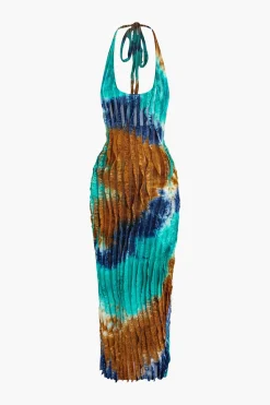 Sheer Ruffle Texture Halter Backless Maxi Dress
