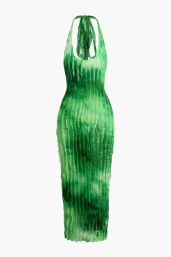 Sheer Ruffle Texture Halter Backless Maxi Dress