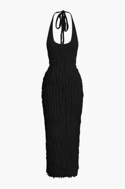 Sheer Ruffle Texture Halter Backless Maxi Dress