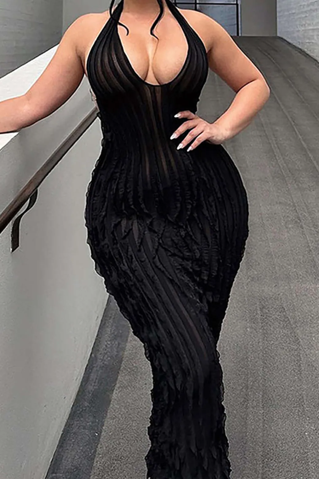 Sheer Ruffle Texture Halter Backless Maxi Dress