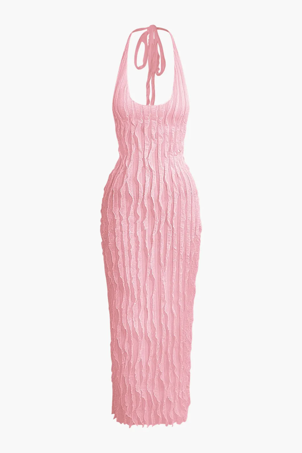 Sheer Ruffle Texture Halter Backless Maxi Dress