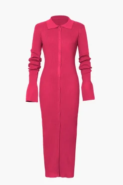 Shell Sleeve Ribbed Buttons Down Maxi Dress